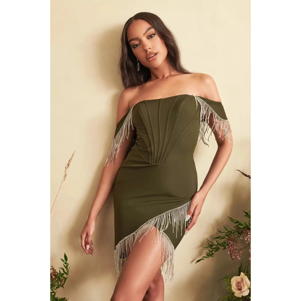 NWT  Lavish Alice Beaded Fringe Bardot Corset Mini Dress Khaki Womens Size 6